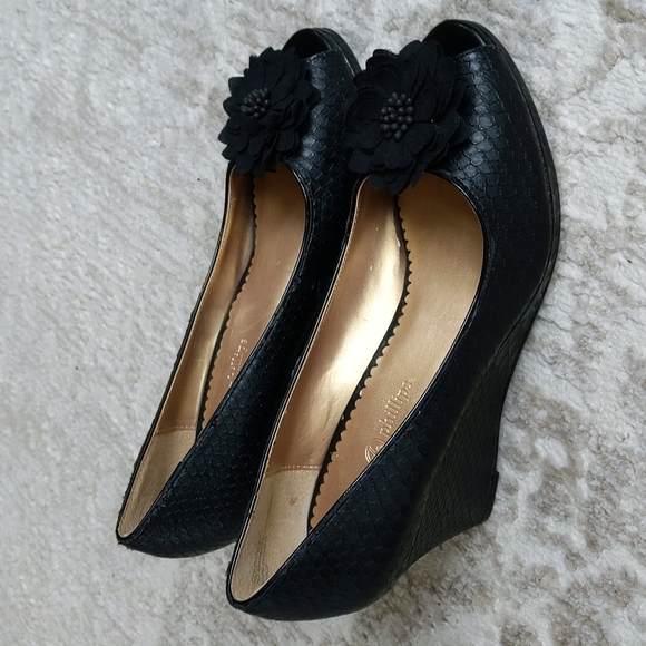 Lindsay Phillips Python Print  Floral Peep Toe Wedge 7M Black - Picture 4 of 17